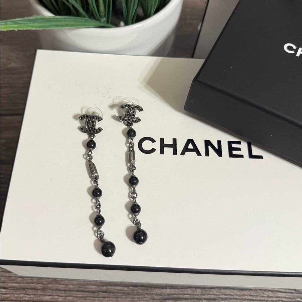Chanel Black Silver CC Crystal Bead Statement Dangle Earrings